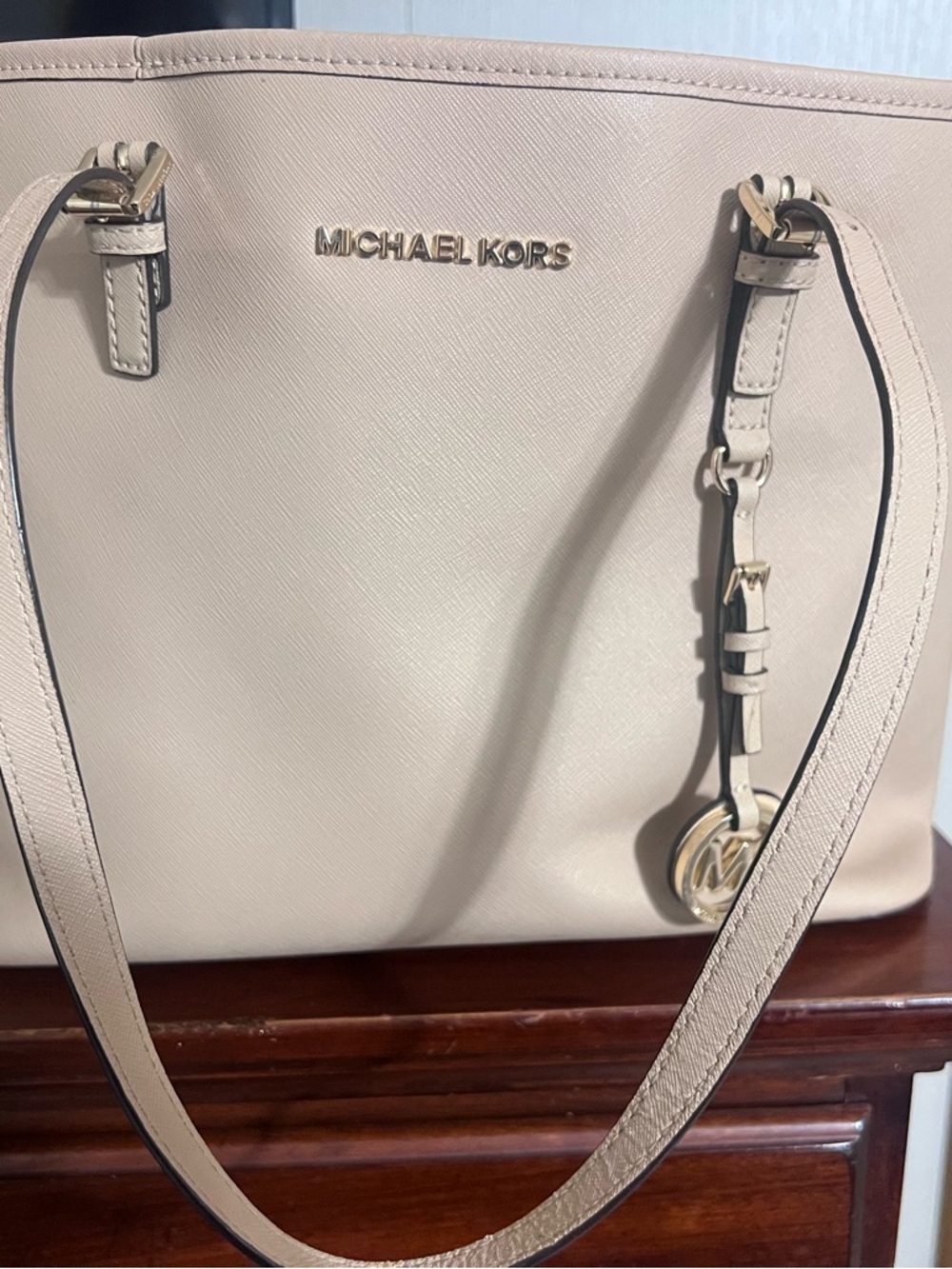 Michael Kors Cream Saffiano Shoulder Tote with Gold Hardware